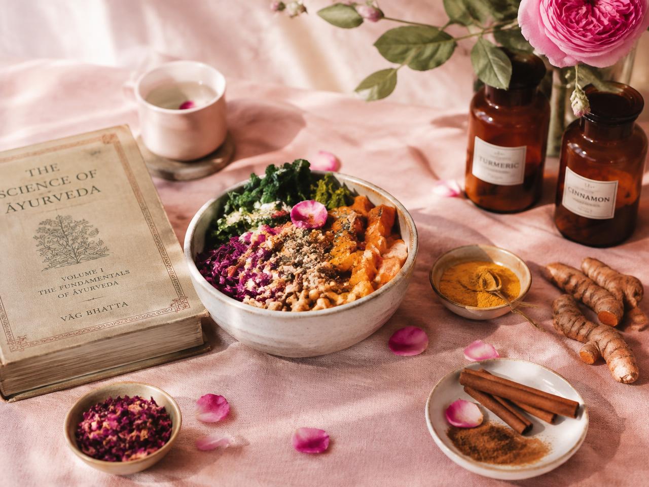 Plant-based bowl with turmeric, cinnamon and an Ayurveda book